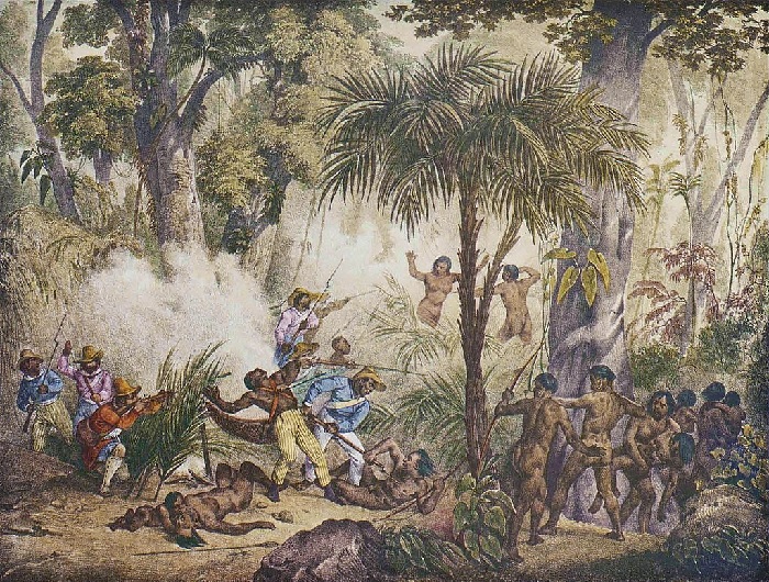 Guerrilha com índios potiguaras, que habitavam, principalmente, as áreas litorâneas do Ceará e do Rio Grande do Norte. Gravura de Rugendas, 1835, domínio público
