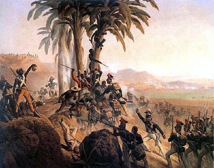 A Revolução no Hati inspirava sonhos entre os negros, mas assombrava senhores de escravos. <em>Batalha de São Domingos</em>, pintura de January Sucholdoski, 1845, Polish Army Museum, Wikicommons