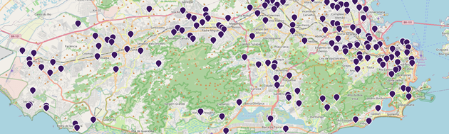 Mapa do projeto Cartografias com pins georreferenciados - cada pin leva a uma prática pedagógica realizada por professores da rede pública no território do município do Rio de Janeiro.